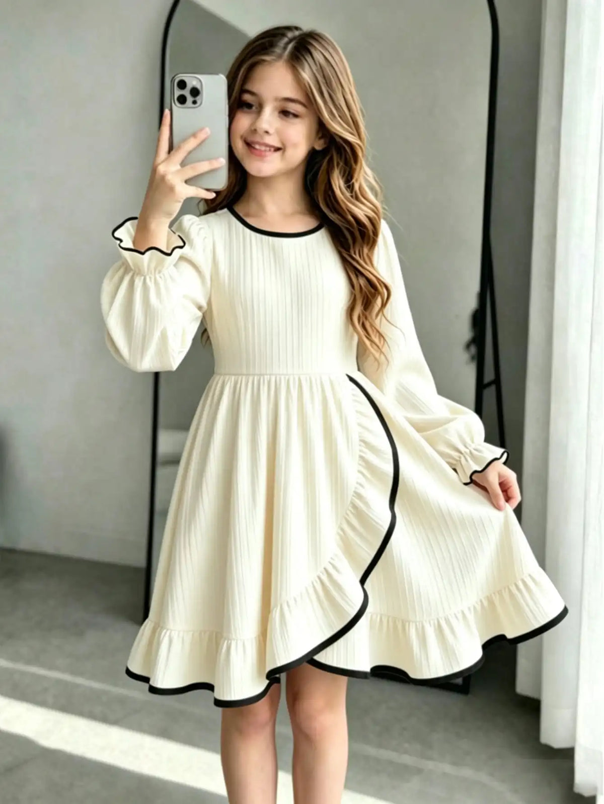 Round Neck Long Sleeve Waist Cinched Bow Tie Pit Stripe Skirt Slit Dress