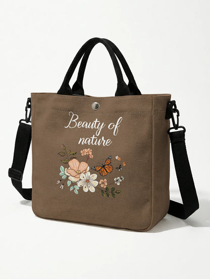 Floral Butterfly Letter Print Brown Canvas Tote Bag