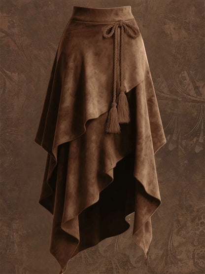 Retro Western Style Irregular Design Suede Skirt