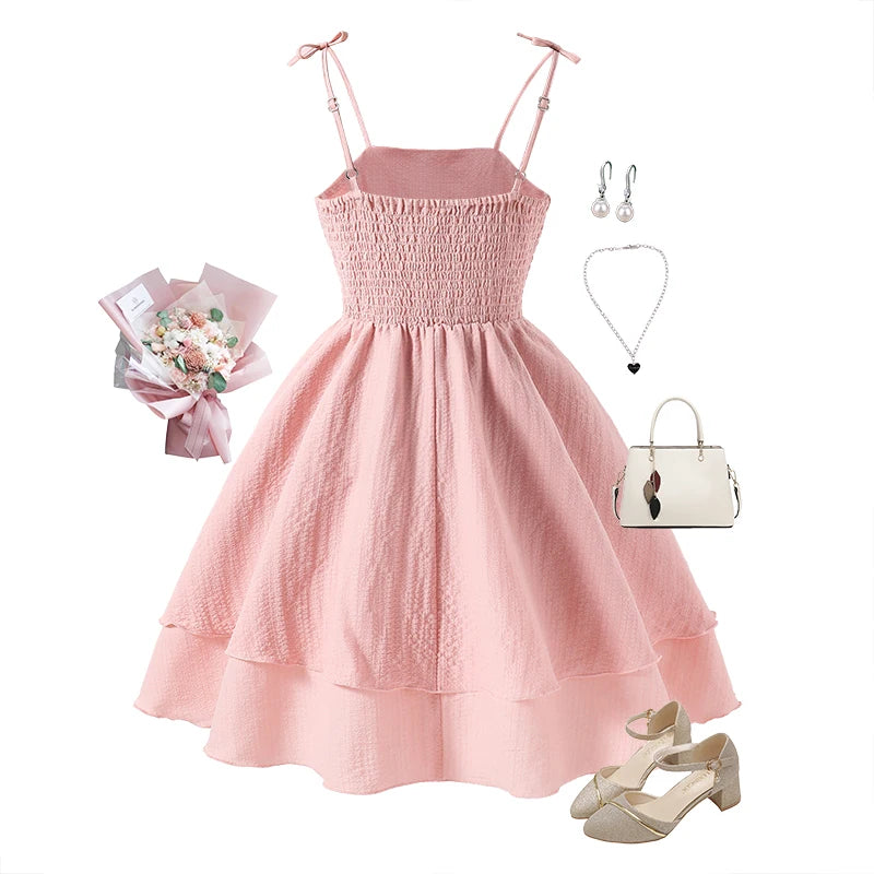 Pink Tiered Sling Princess Sweet Style Tween Girls Dress