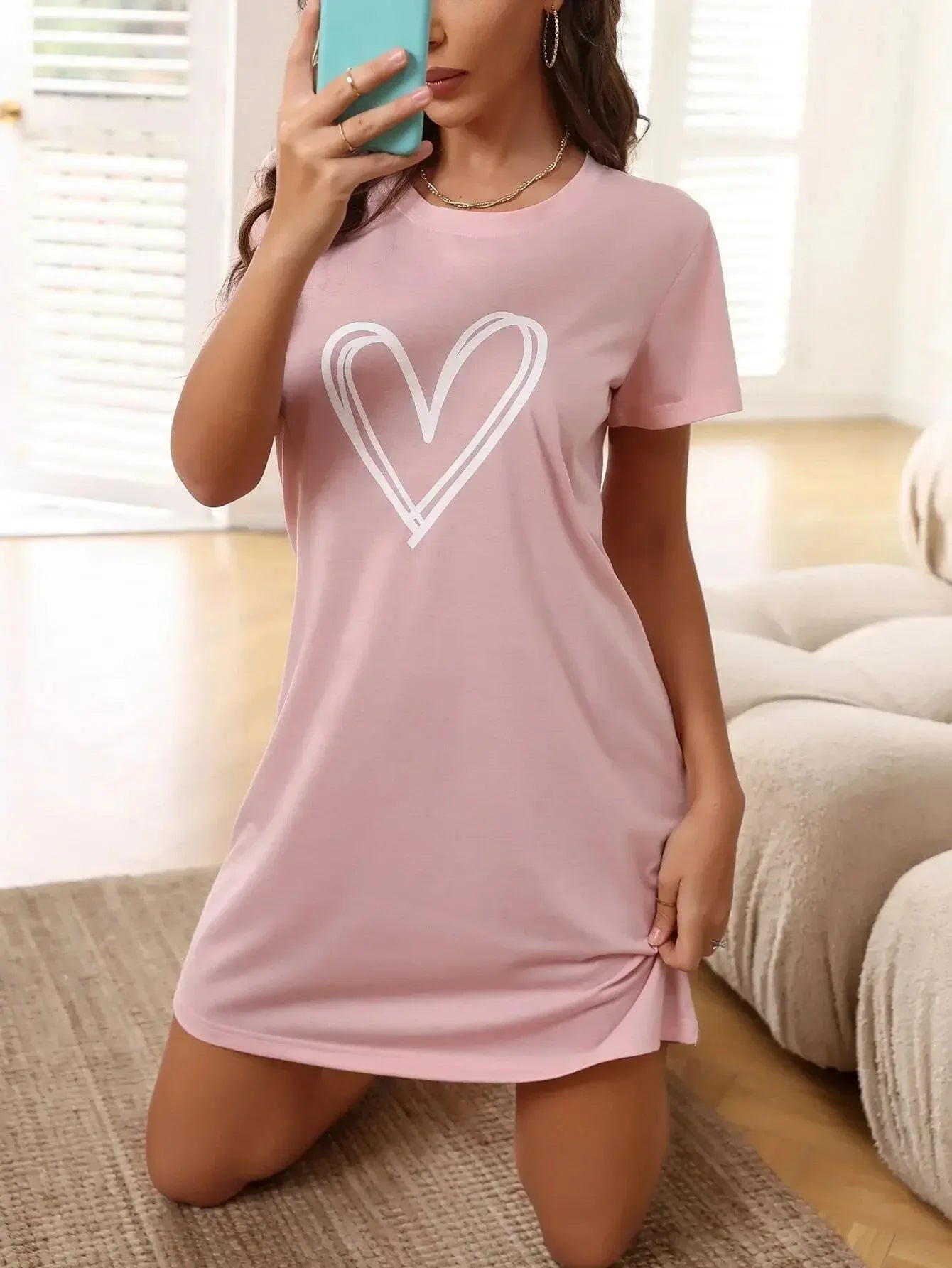 Heart Print Short Sleeve Sexy Dress