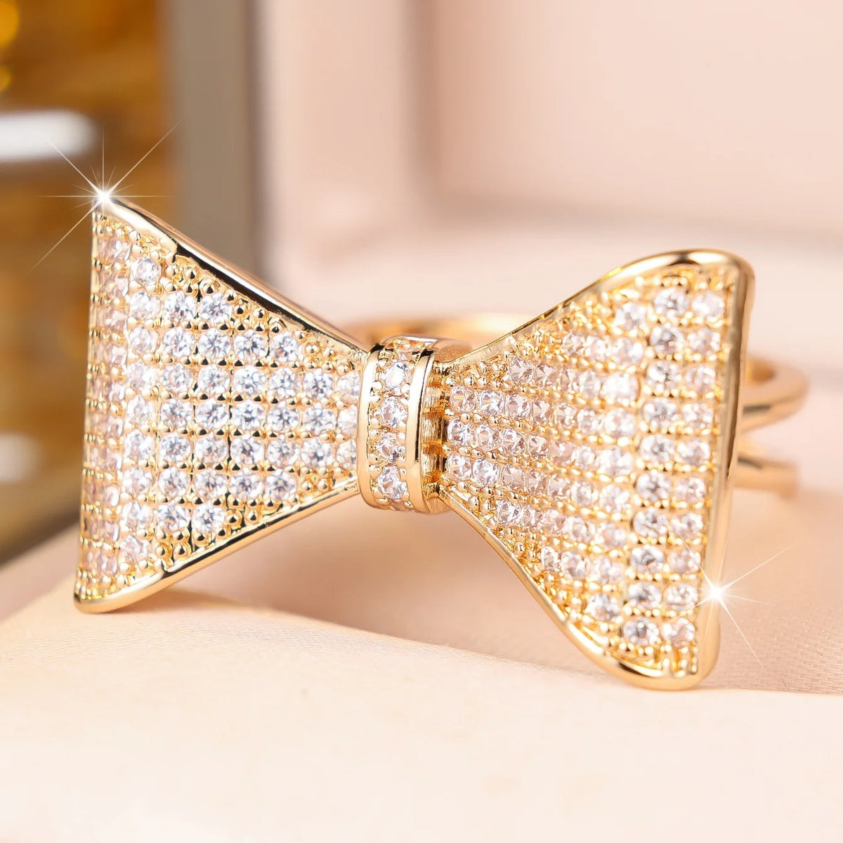 Small Cute Bow Female White Zircon Stone Vintage Gold Ring
