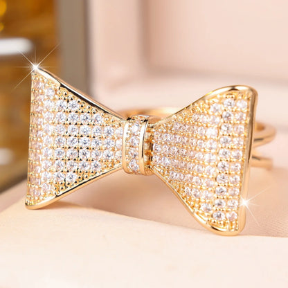 Small Cute Bow Female White Zircon Stone Vintage Gold Ring