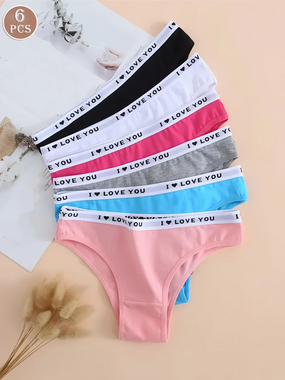 6PCS Letter Print Wide Waistband Cotton Bikini Panties Set