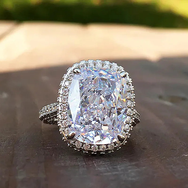 925 Sterling Silver Shining Big Square 4 Claw Inlaid Zircon Rings