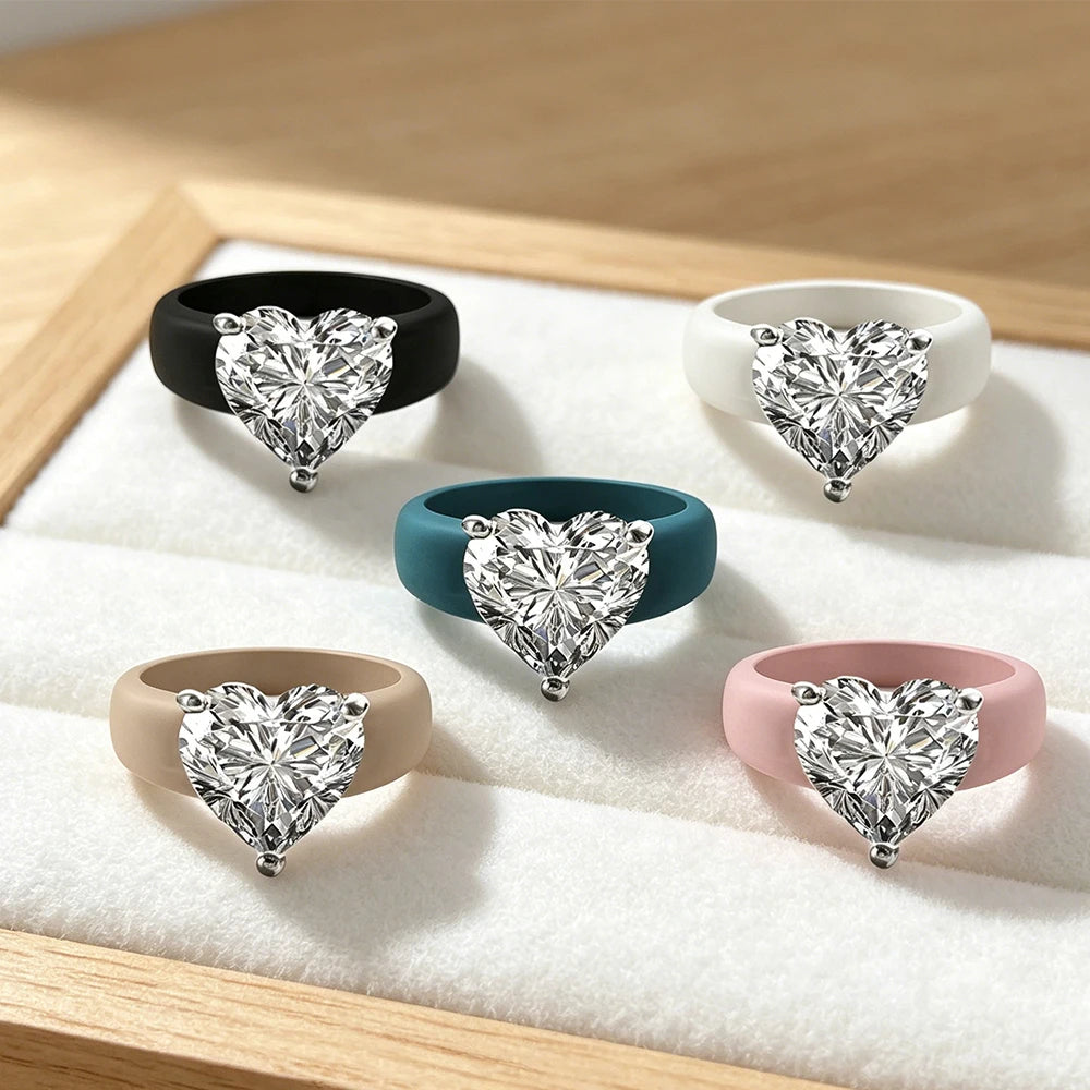 Silicone Holder Silver Three Claw Heart-Shaped Cubic Zirconia Ring