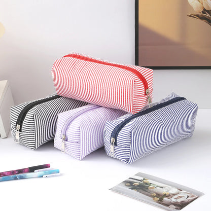 Cute Striped Canvas Pencil Case Small Travel Pouch with Zipper