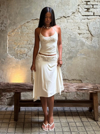 White Lace Patchwork Sexy Halter Dress Sets
