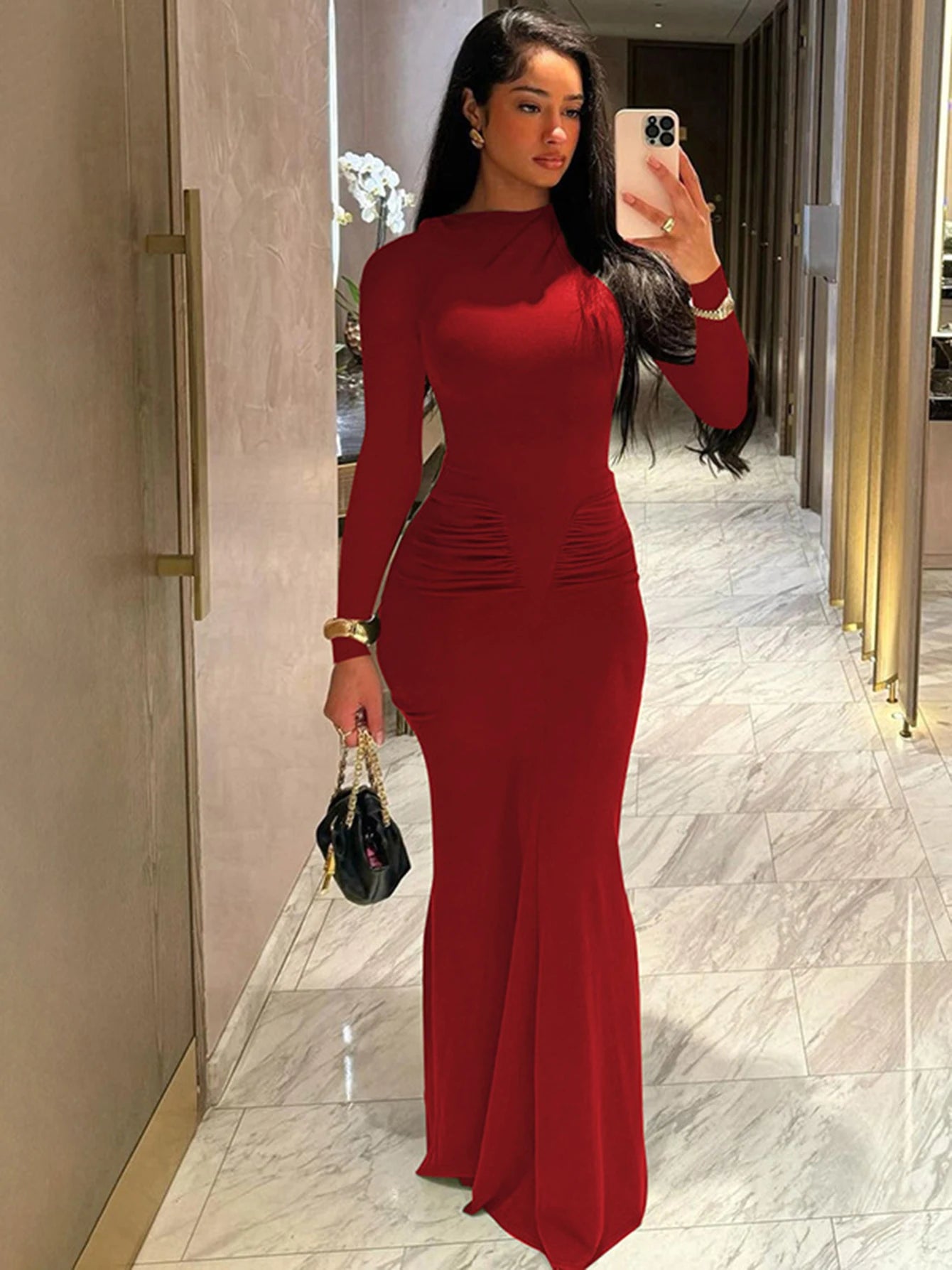Long Sleeve Draped Sexy Maxi Prom Dress