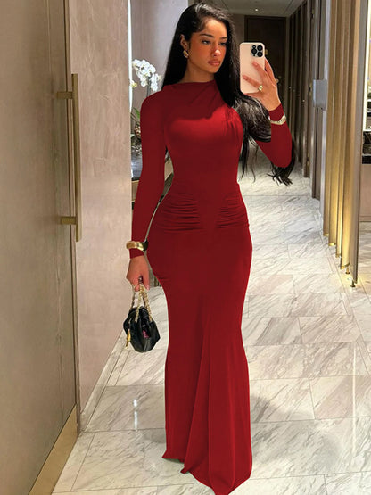 Long Sleeve Draped Sexy Maxi Prom Dress