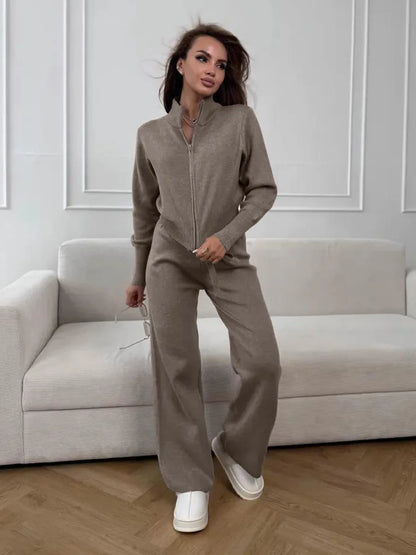 Knit Zip Up Cardigan Wide Leg Soft Fabric Cropped Sets