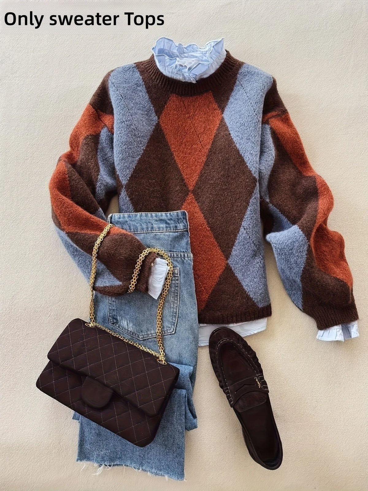 Classic diamond plaid contrast color pullover sweater
