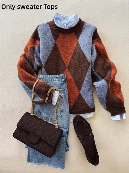 Classic diamond plaid contrast color pullover sweater