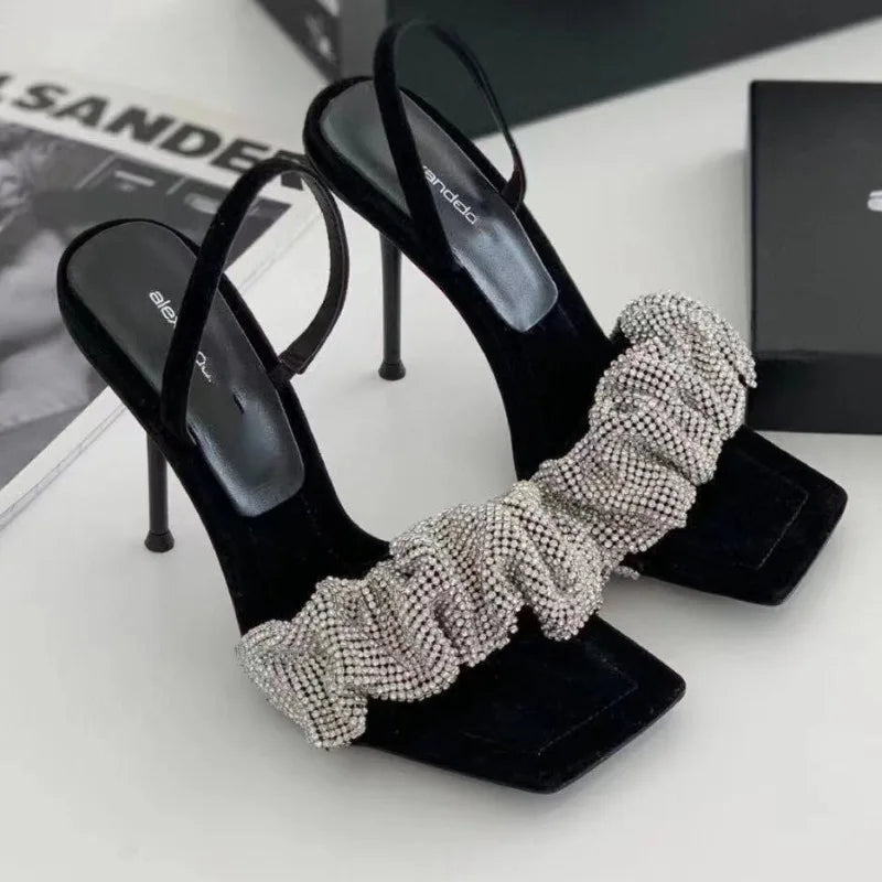 PU High Heels Square Toe 7 Cm Rhinestone Pumps Bling Shoes