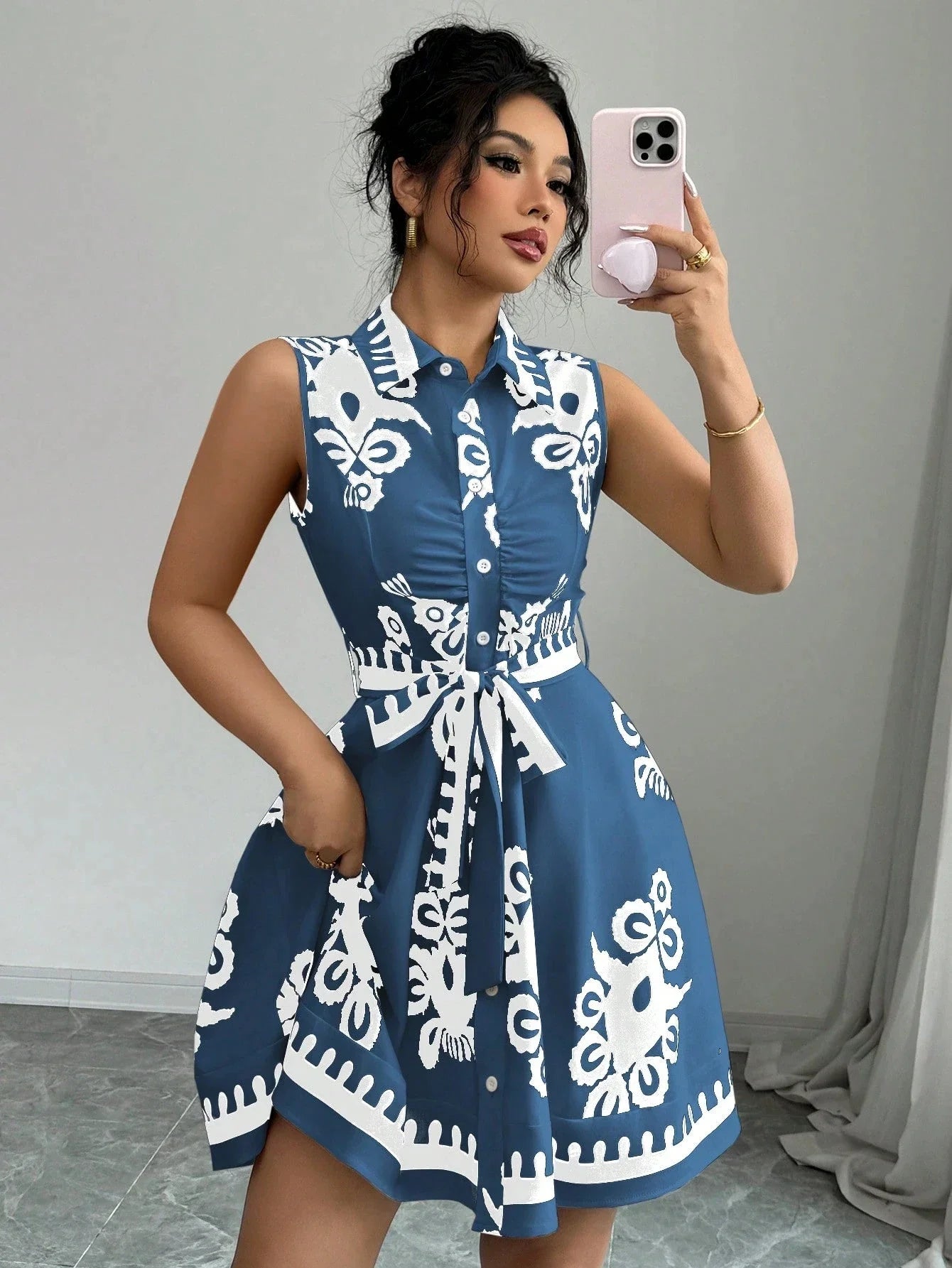 Strapless Floral Print Belted Waist Dress