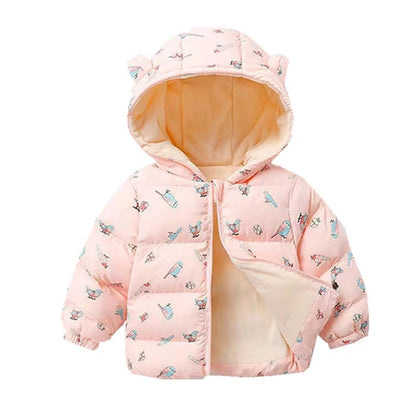 Winter Baby Kids Fleece Cartoon Warm Hooded Down Jackets