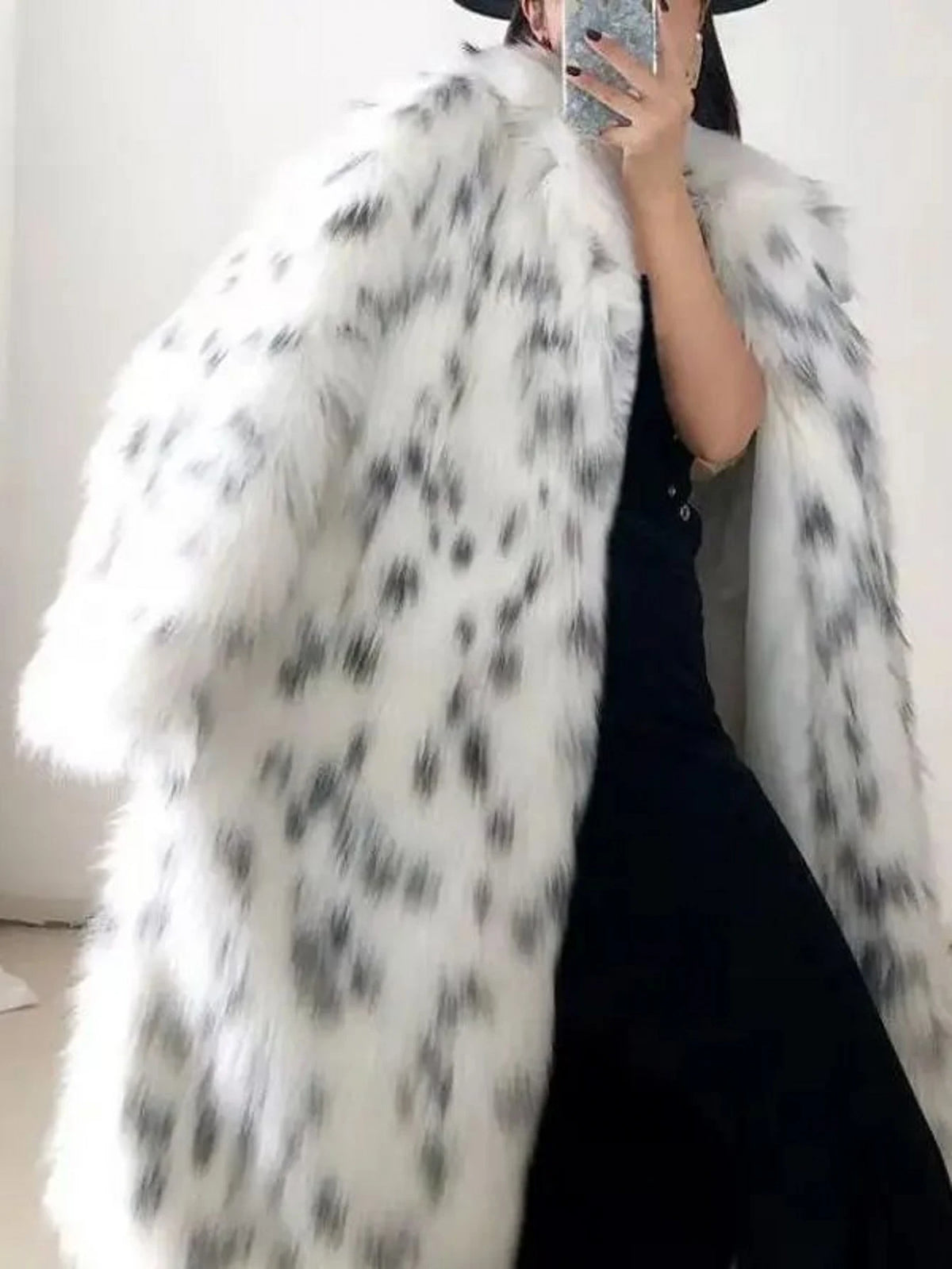 Faux Fur Long Warm White Leopard Print Long Sleeve Lapel Fox Fur Coat