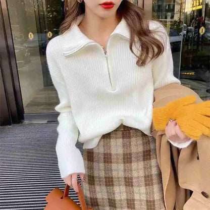 Knitted Long Sleeve Turn Down Collar Knit Sweater Pullover
