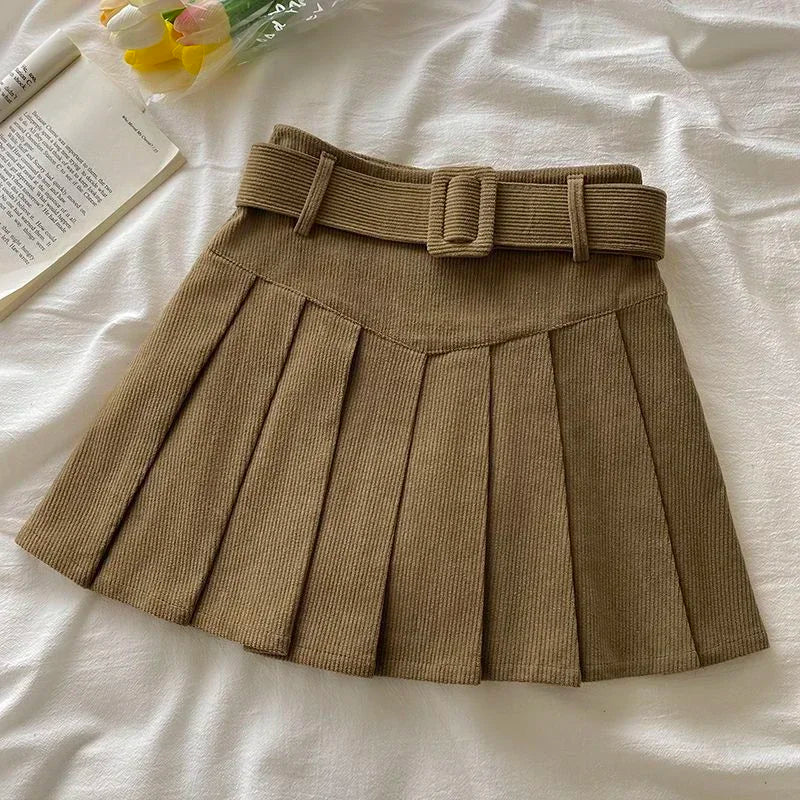 Cord Belted Pleated Texture Corduroy Box Pleat Mini Skirt