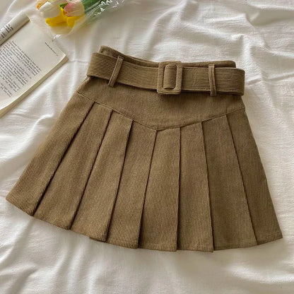 Cord Belted Pleated Texture Corduroy Box Pleat Mini Skirt