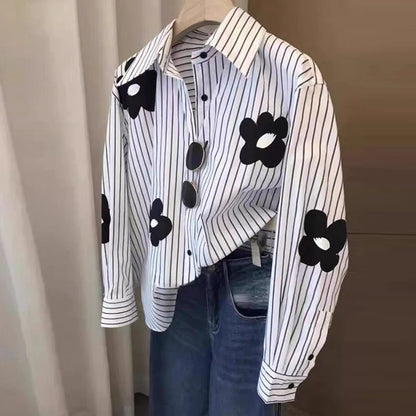 Flower Stripe Long Sleeved Loose Shirt