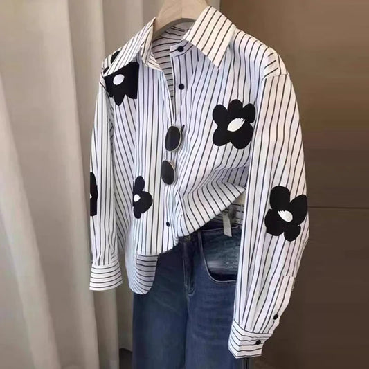 Flower Stripe Long Sleeved Loose Shirt