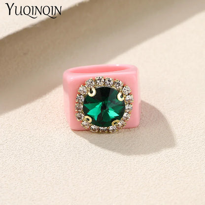 Colorful Rhinestone Geometric Square Large Punk Finger Rings