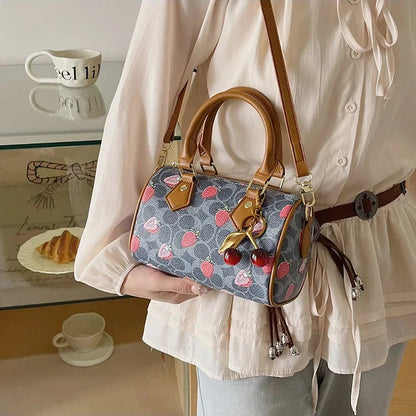 Crossbody Cherry Pattern PU Leather Boston Handbag Shoulder Bags
