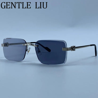 Rectangle Rimless Punk Luxury Metal Frame Sun Glasses