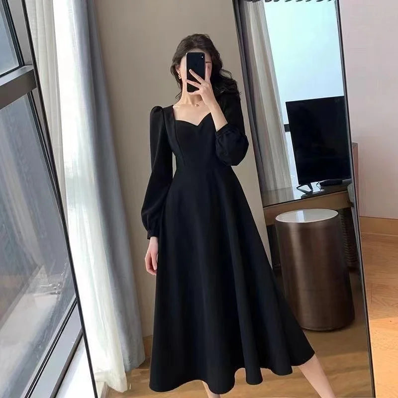 Long Puff Sleeve Solid Elegant Dress
