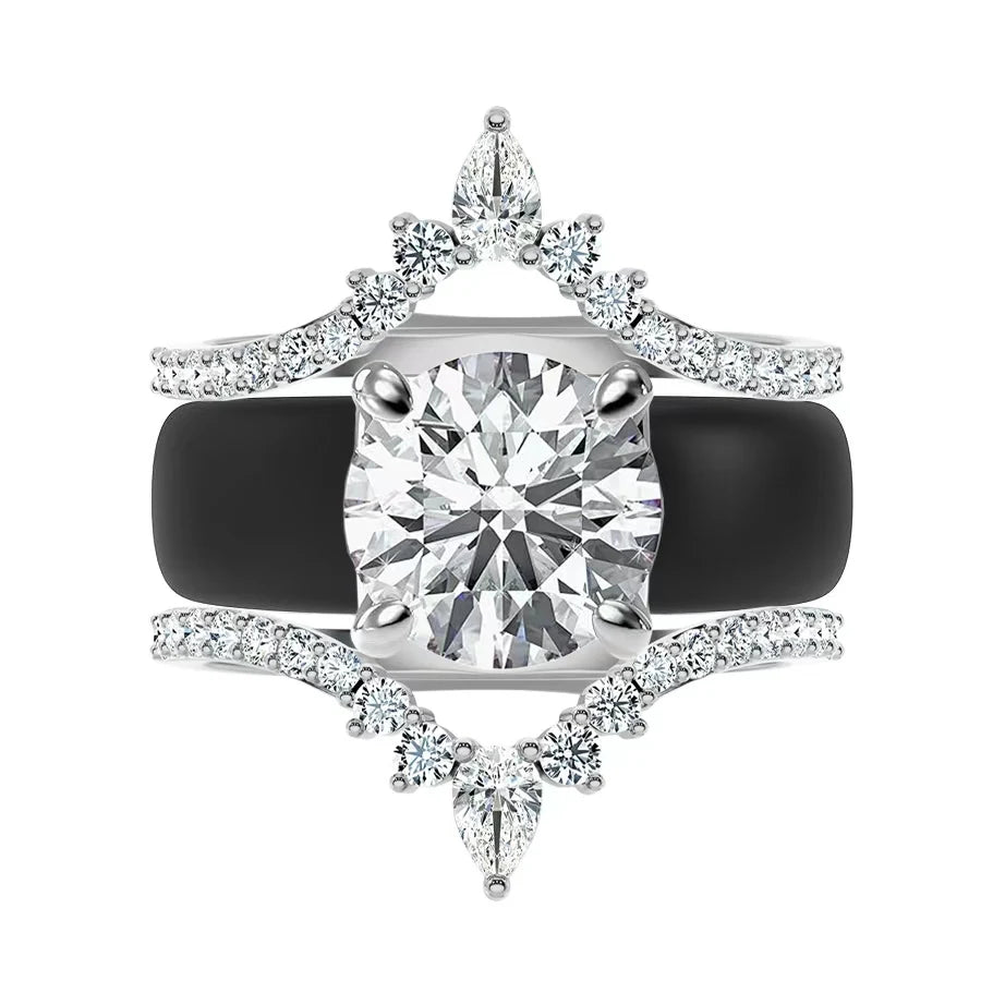 3pcs Pear Shaped Diamond Simulant Crown Black Silicone Ring Set