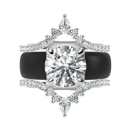 3pcs Pear Shaped Diamond Simulant Crown Black Silicone Ring Set