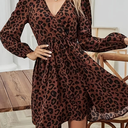 Leopard Printed V-Neck Lace Up Bubble Long Sleeved Sexy Mini Dress