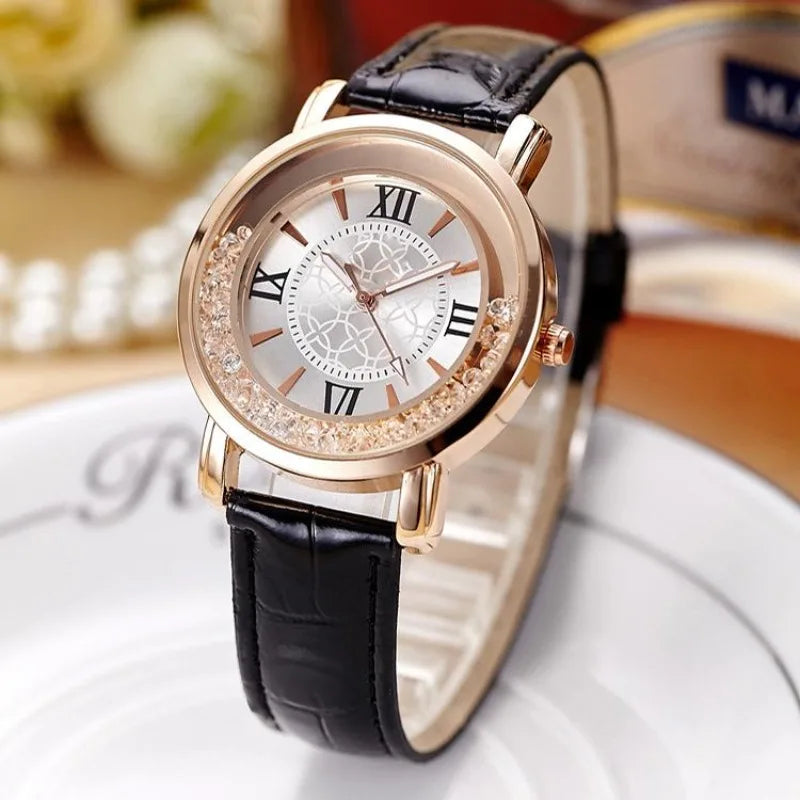 Luxury Leisure Auger Leather Analog Stainless Steel Quartz Watch