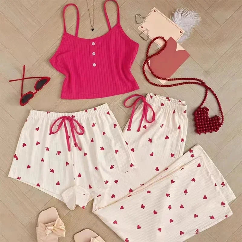 Casual Heart-Shaped Printed Vest and Shorts and Pants Paired with Ribbed Sleepwear Set