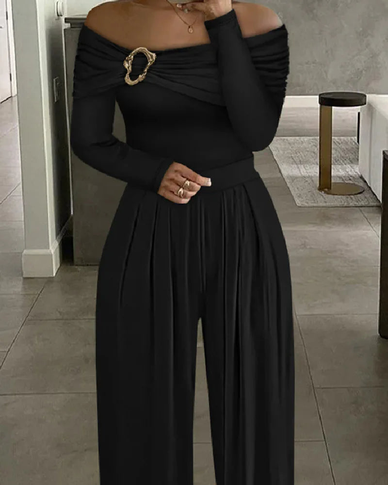 Elegant Pure Color Off-Shoulder Long Sleeve Romper Dress