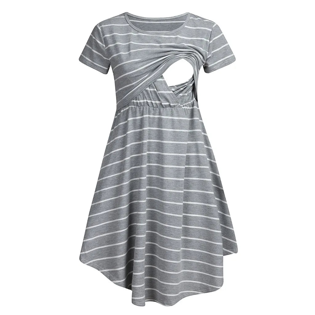 Maternity Care Striped Pregnant Pajamas Breastfeed Dress