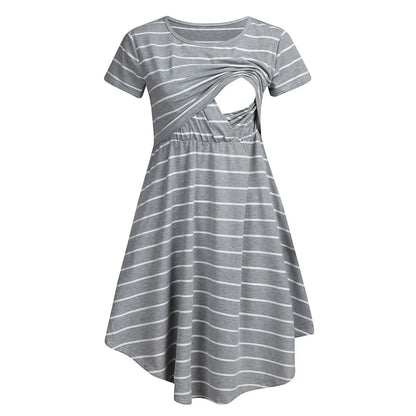 Maternity Care Striped Pregnant Pajamas Breastfeed Dress