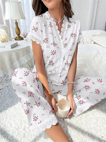 Lace Short Sleeve Cherry Sleepwear Pajama Set
