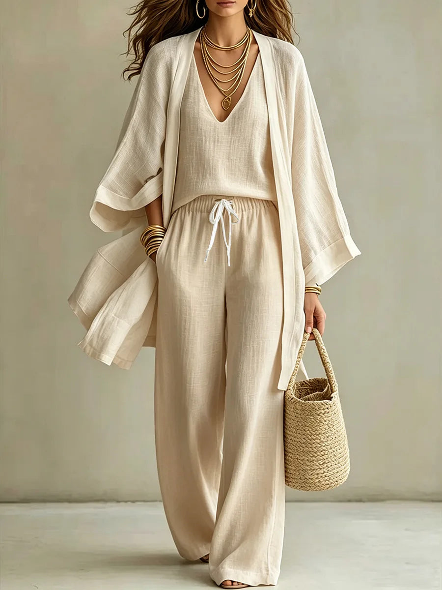 V Neck Tank Top Wide Leg Pants Kimono Cardigan 3 Piece Set