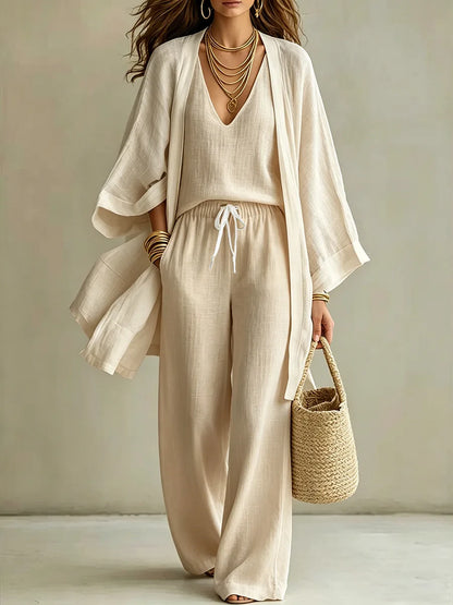 V Neck Tank Top Wide Leg Pants Kimono Cardigan 3 Piece Set