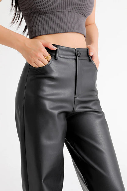 Fall Winter Fleece Loose Wide Leg Leather Pants