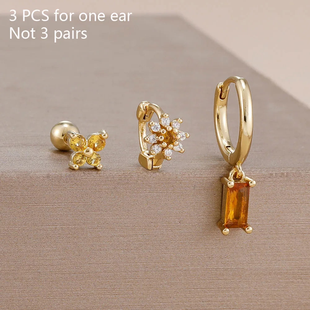 14K Gold Plated Zircon Square Hoop Stainless Steel Butterfly Stud Earring Set