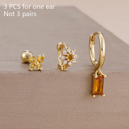 14K Gold Plated Zircon Square Hoop Stainless Steel Butterfly Stud Earring Set