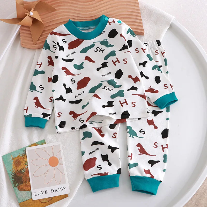 Autumn Cartoon Cat Print Long Sleeve Cotton Sleepwear Pajamas Set