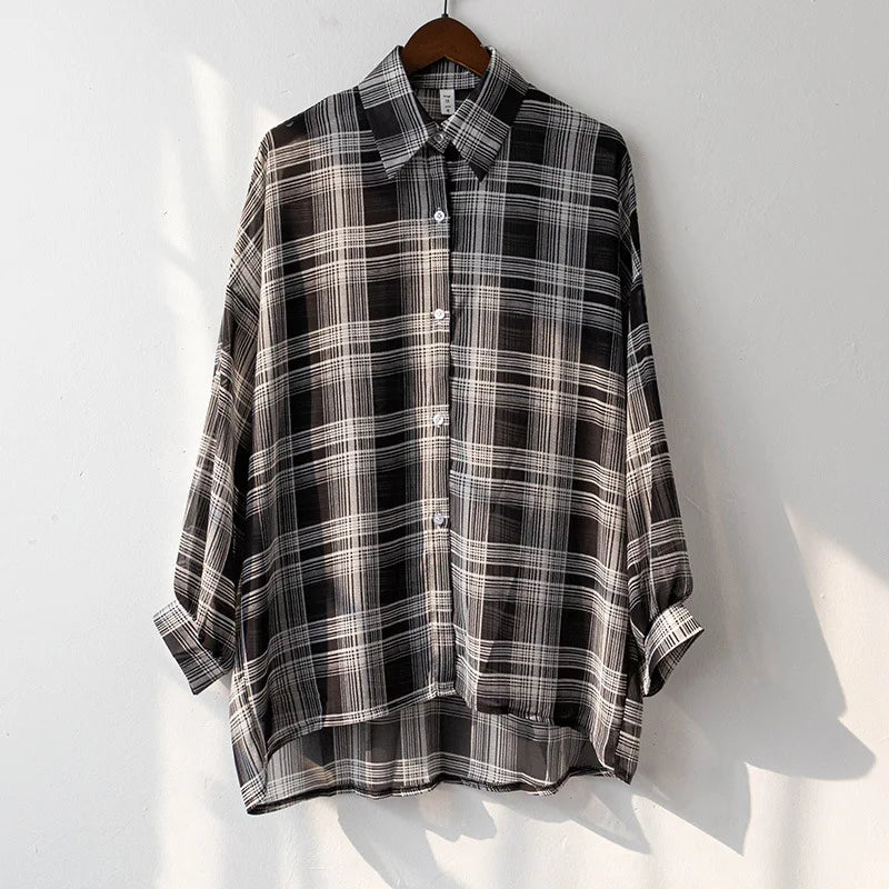 Sheer Chiffon Plaid Oversized Shirt