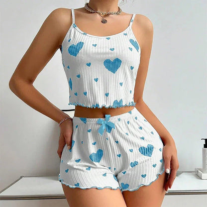 Short Tank Ventilate Soft Casual Love Printing Pyjama Set
