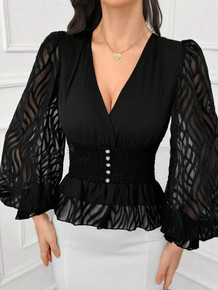 Elegant V Neck Lantern Sleeve