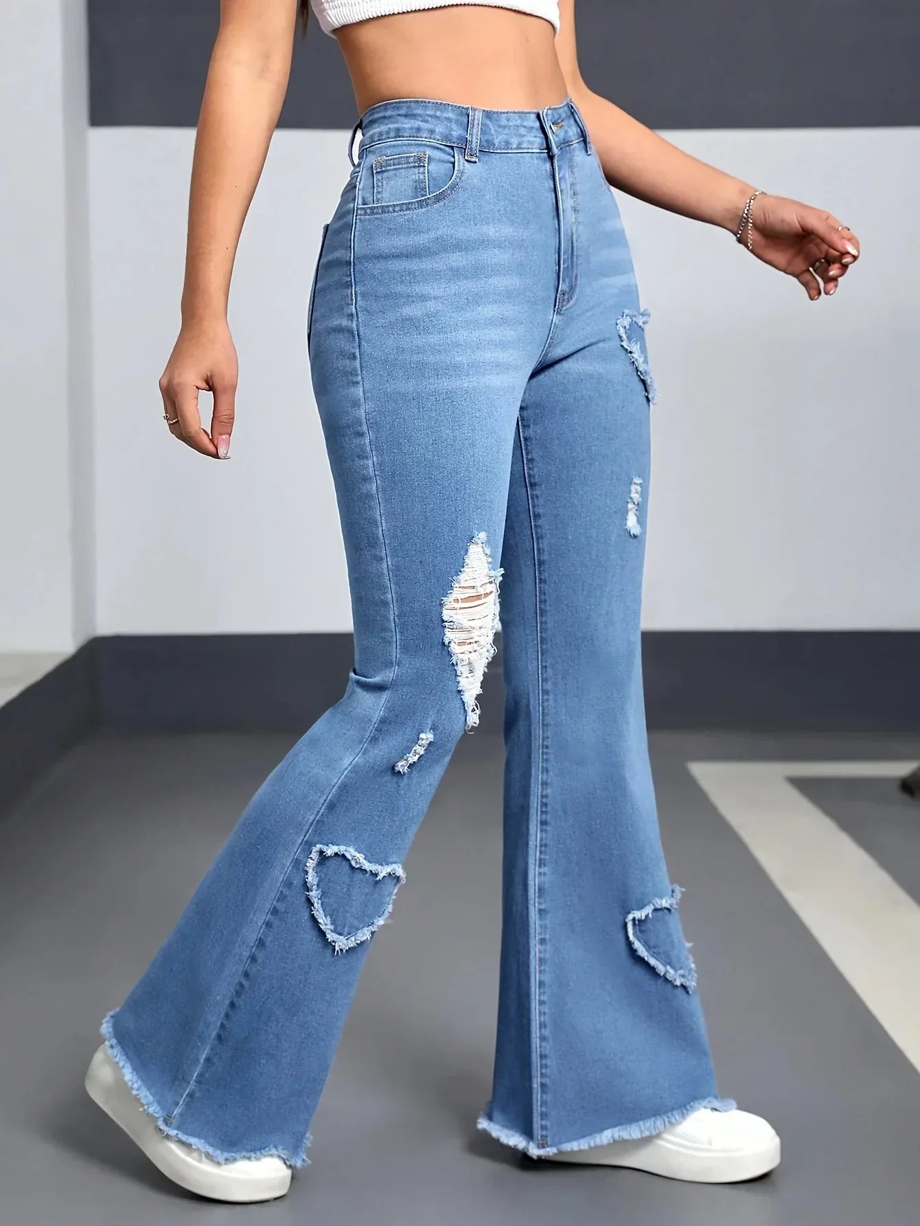 Hole Boot Cut High Waist Stretch Jeans
