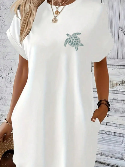 Casual and Elegant Green Turtle Print Short Sleeved Dress